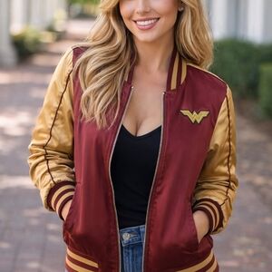 DC Comics Justice League Wonder Woman Maroon and Gold Bomber Jacket